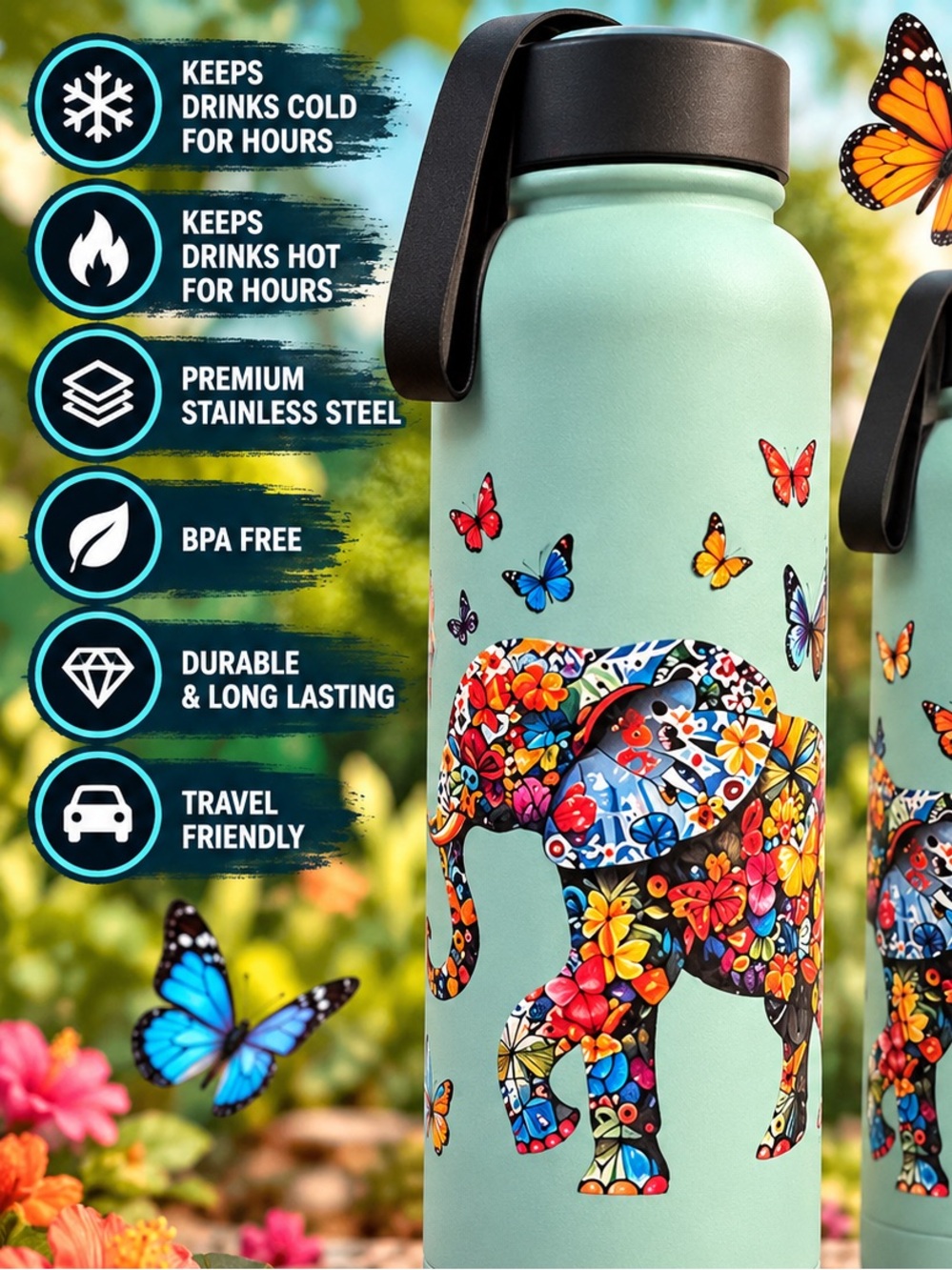 Mainstays Mint Stainless Steel Water Bottle with Colorful Elephant & Butterflies